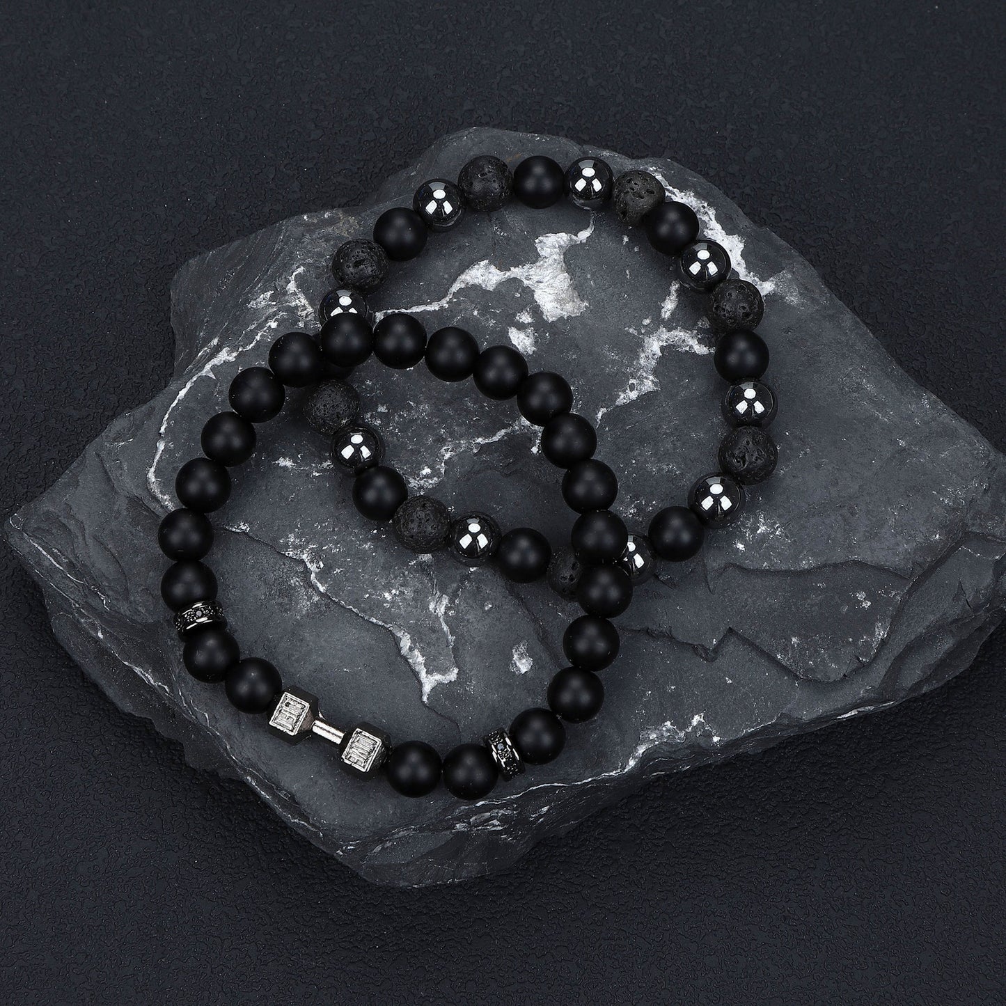 Natural Stone Skull Bracelet For Men In Black, 1 Set