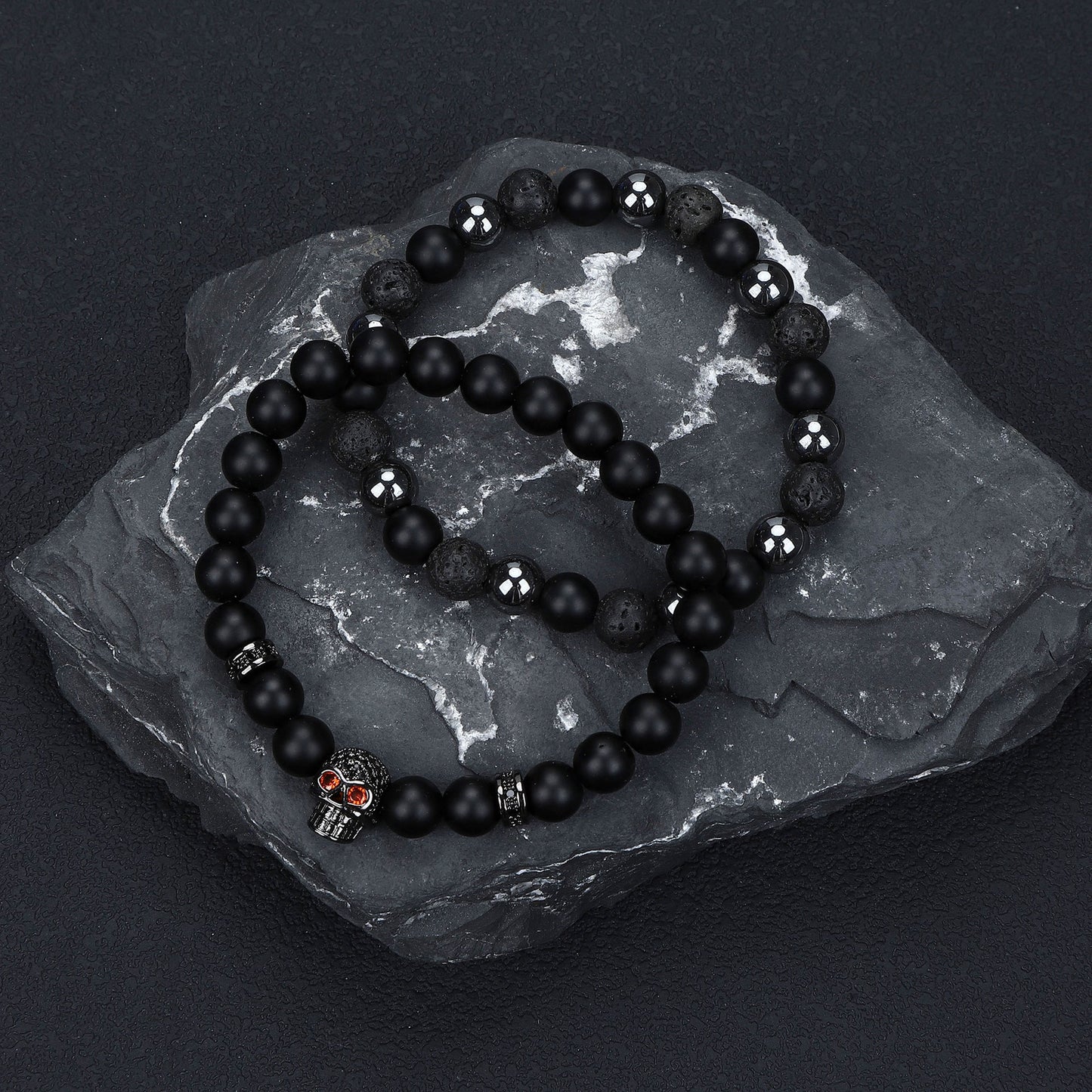 Natural Stone Skull Bracelet For Men In Black, 1 Set