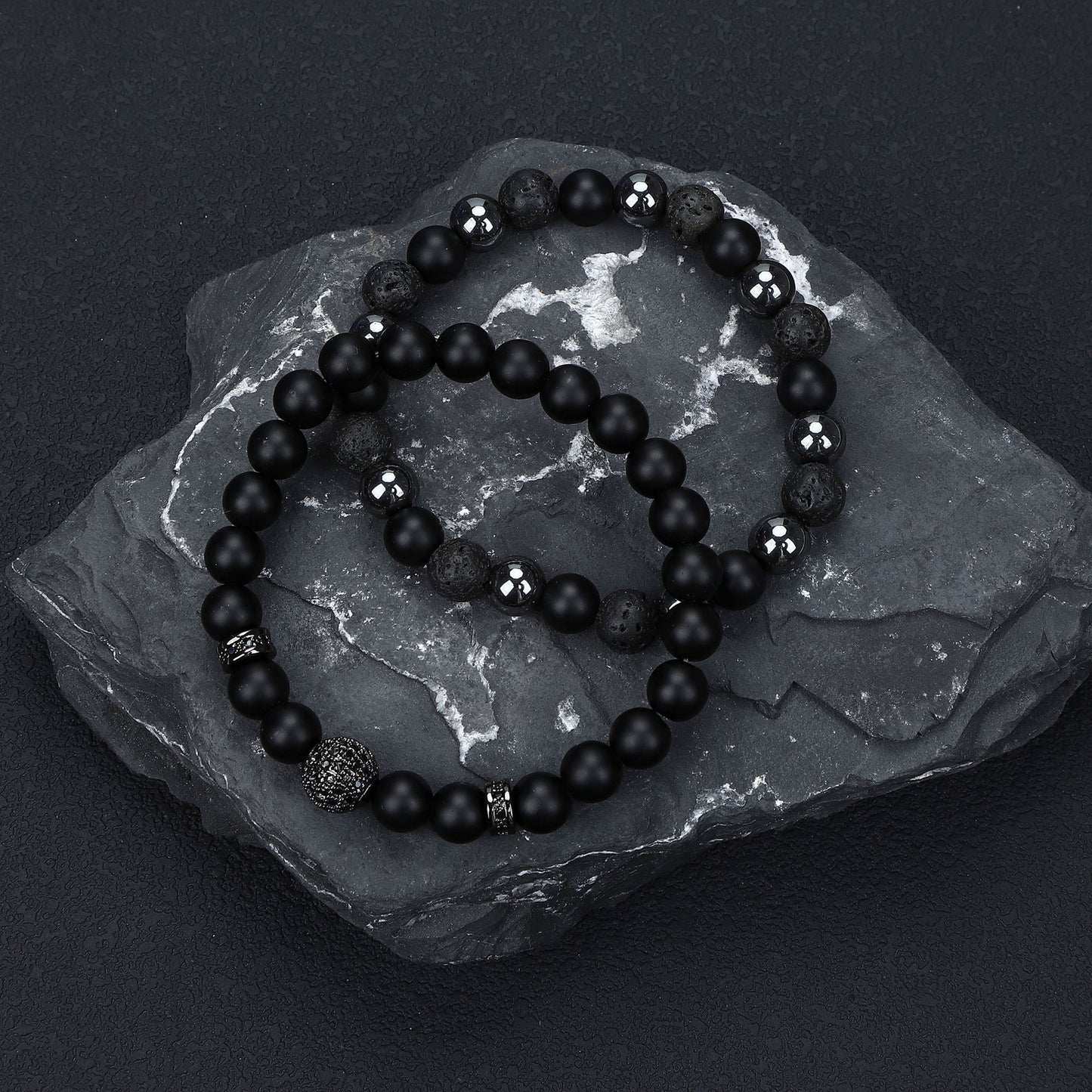 Natural Stone Skull Bracelet For Men In Black, 1 Set