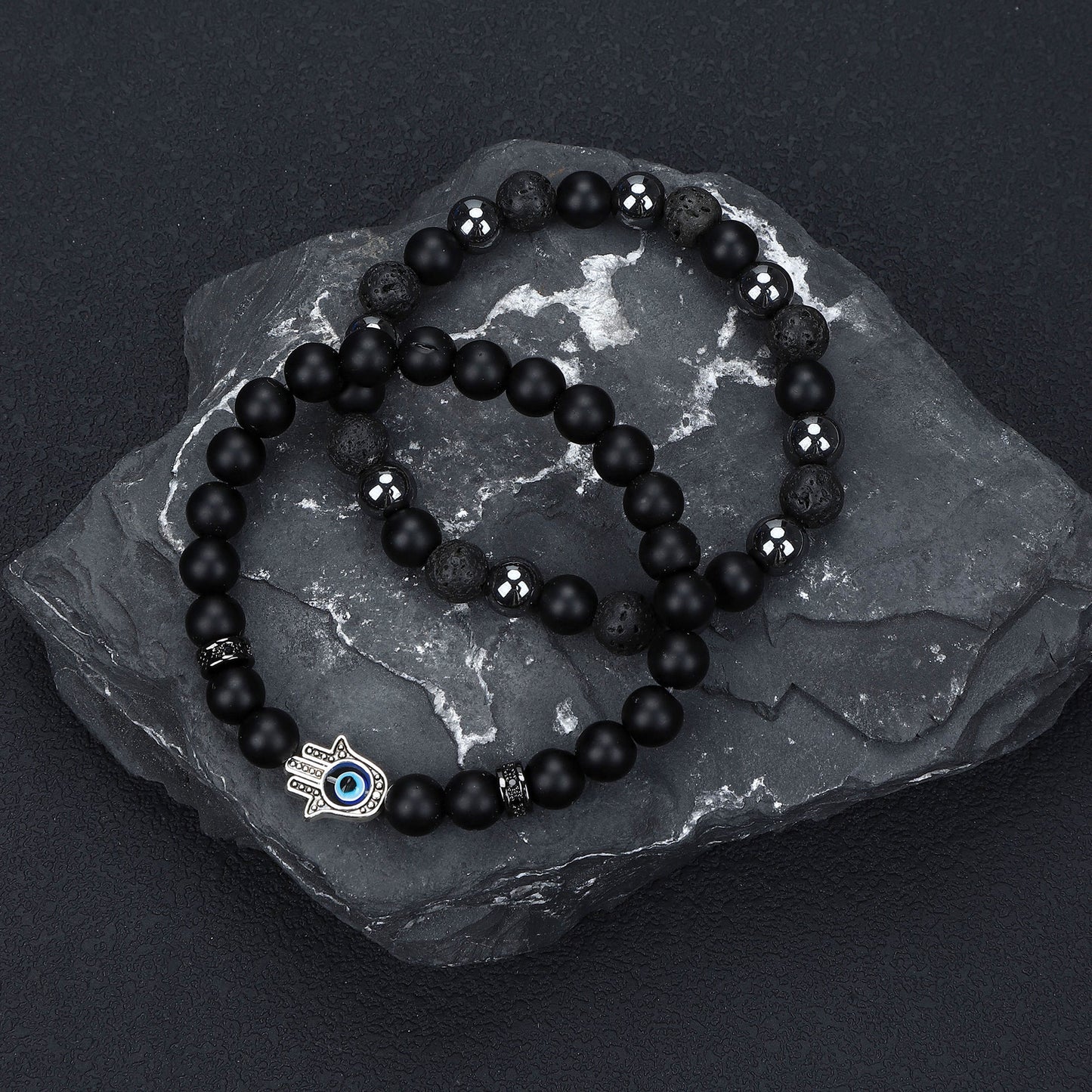 Natural Stone Skull Bracelet For Men In Black, 1 Set