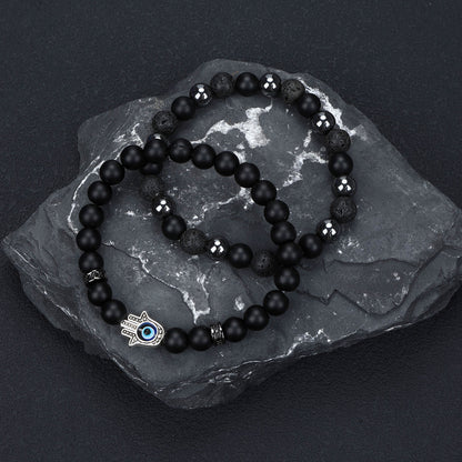 Natural Stone Skull Bracelet For Men In Black, 1 Set