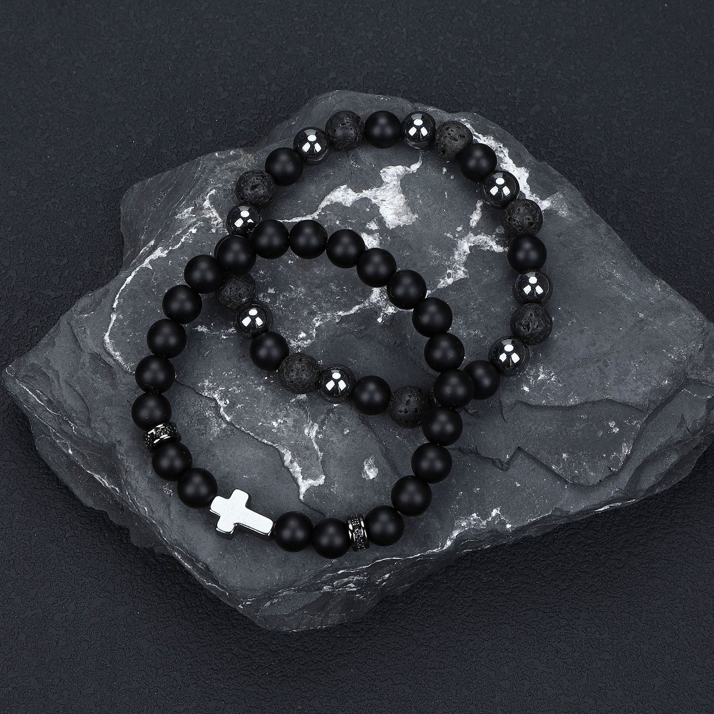 Natural Stone Skull Bracelet For Men In Black, 1 Set