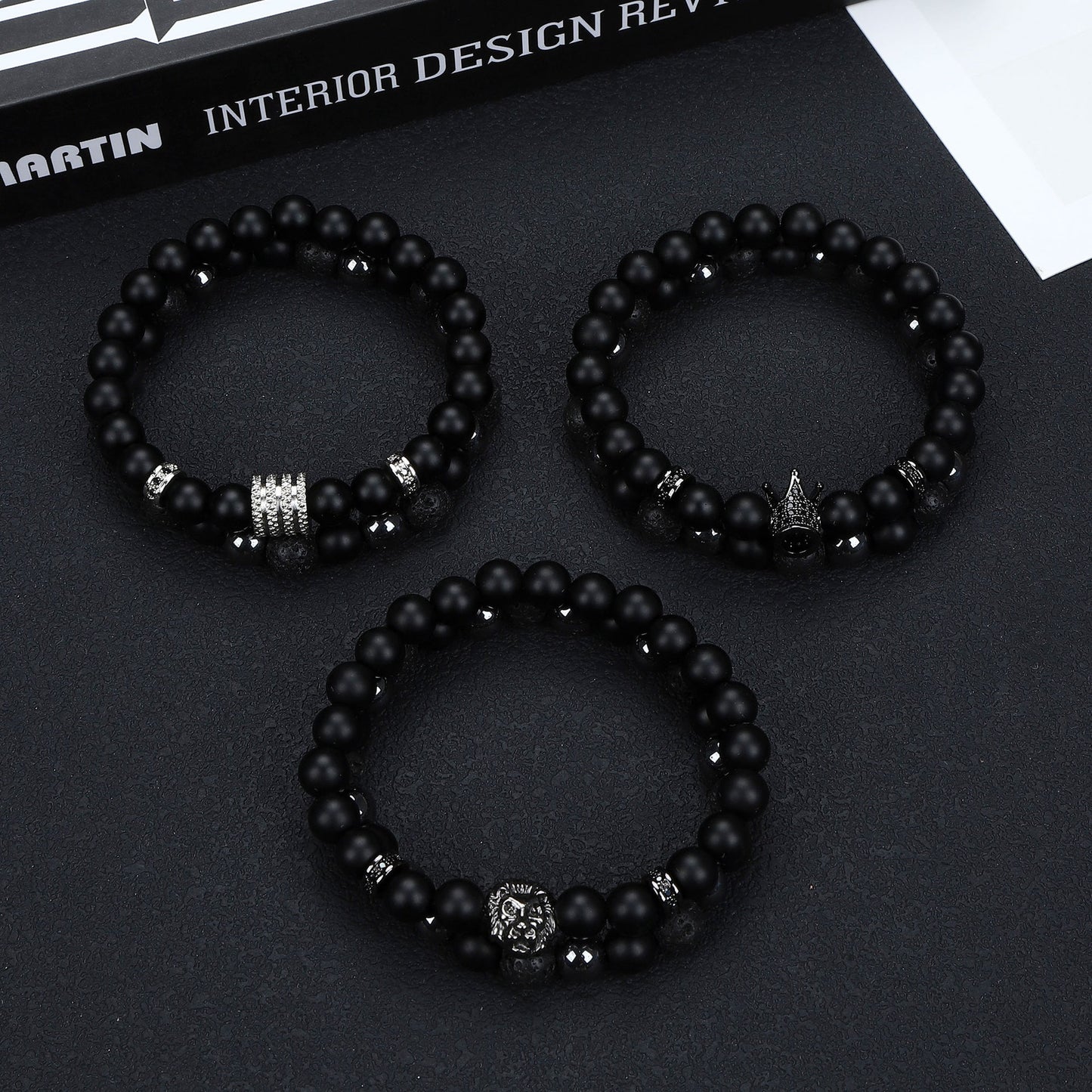 Natural Stone Skull Bracelet For Men In Black, 1 Set