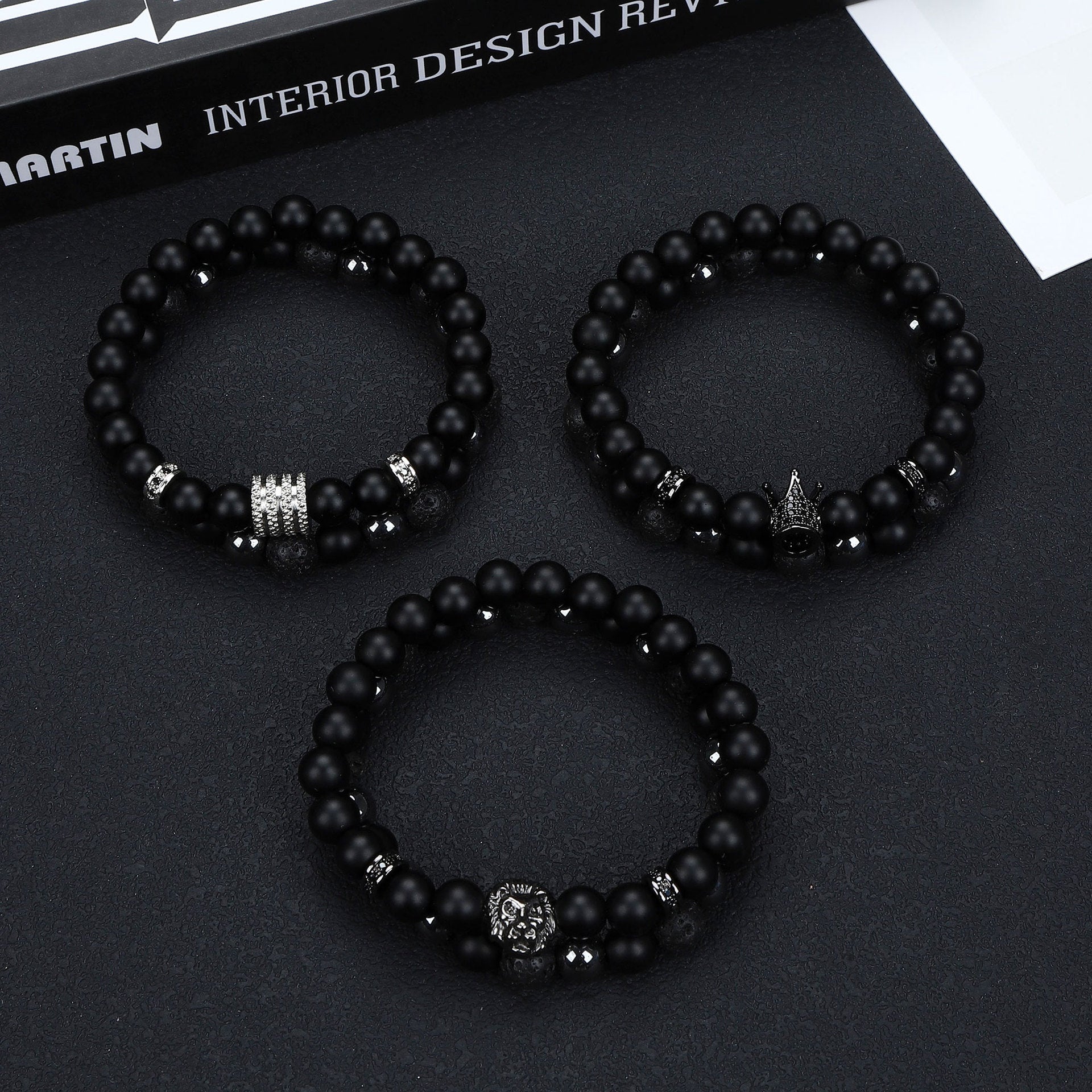 Natural Stone Skull Bracelet For Men In Black, 1 Set