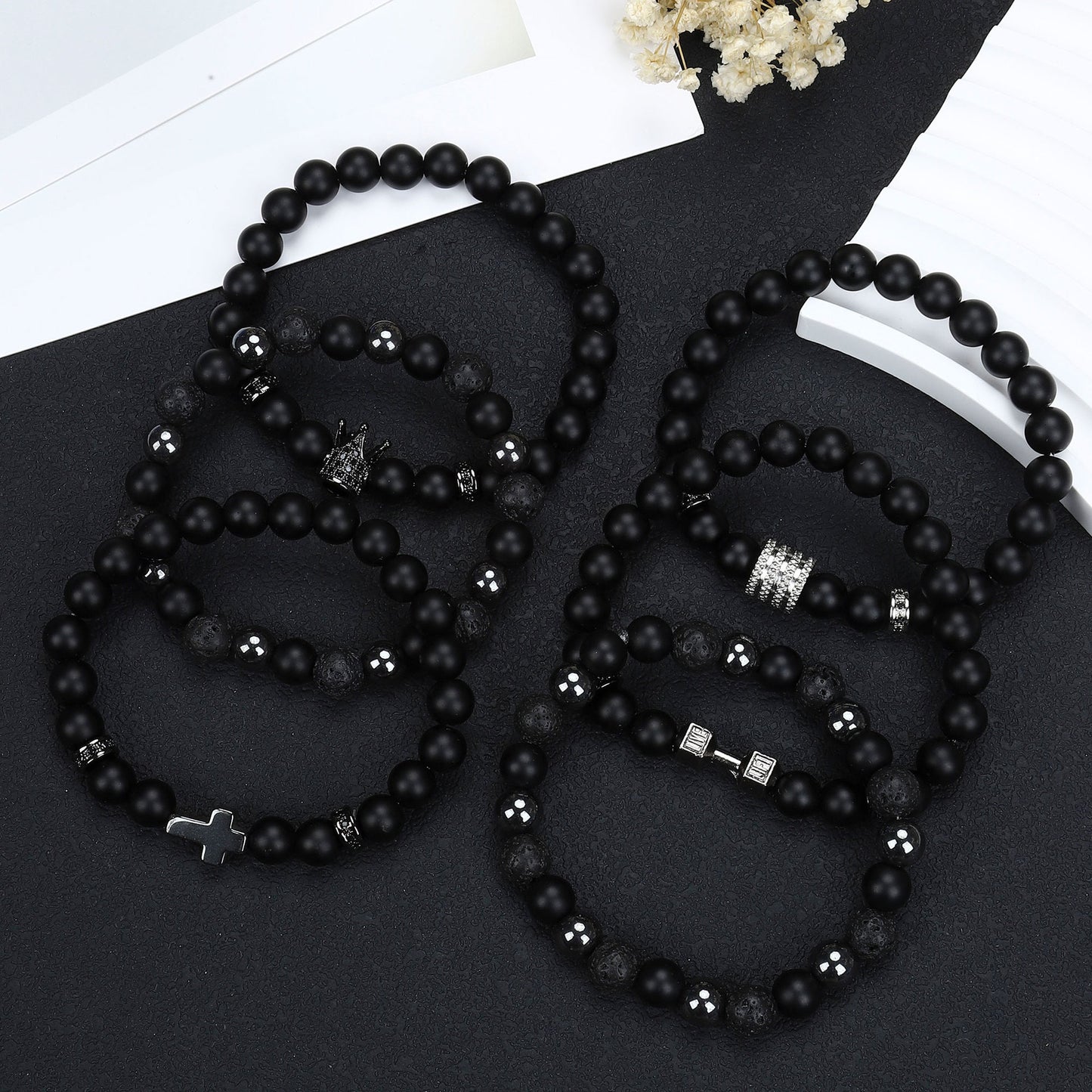 Natural Stone Skull Bracelet For Men In Black, 1 Set