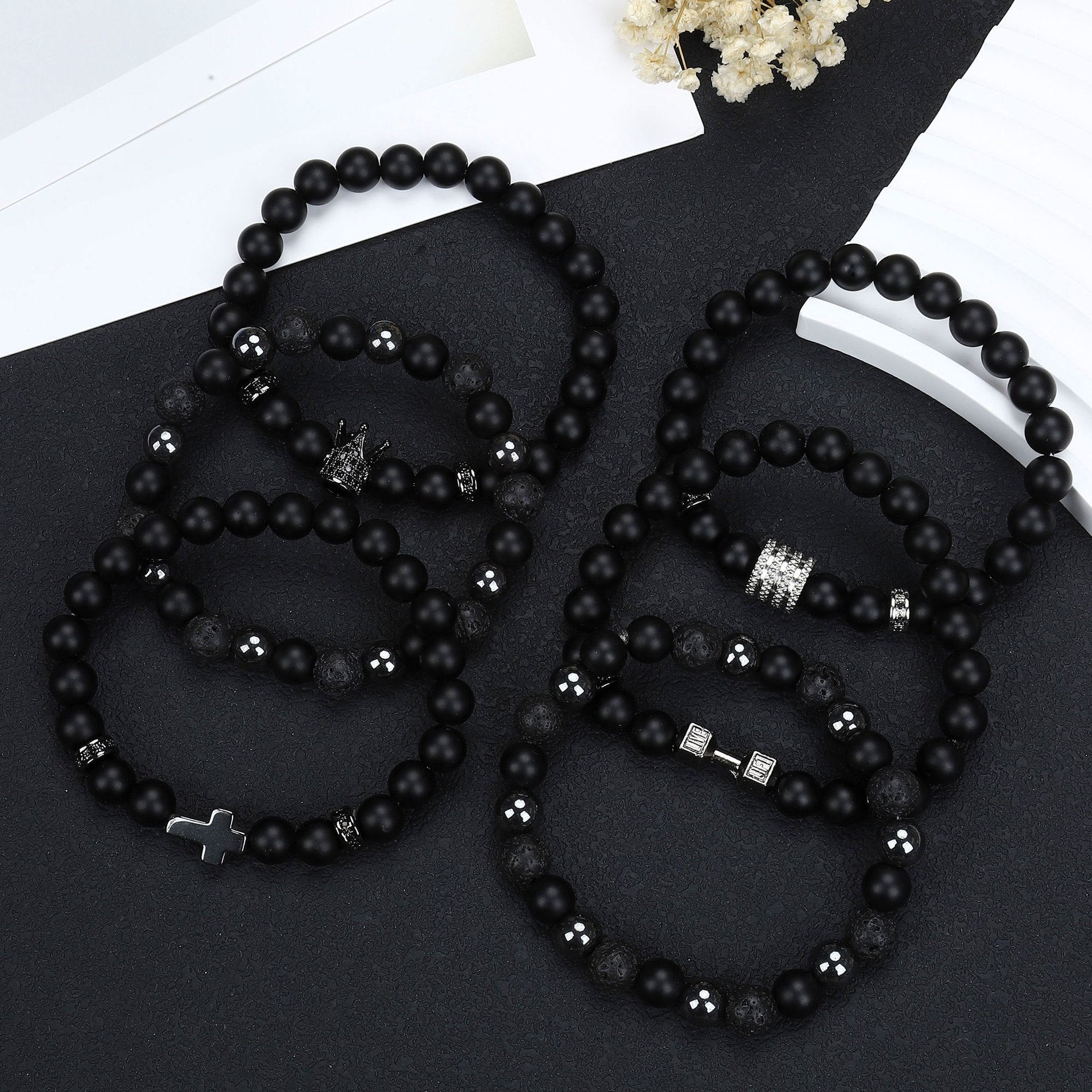 Natural Stone Skull Bracelet For Men In Black, 1 Set