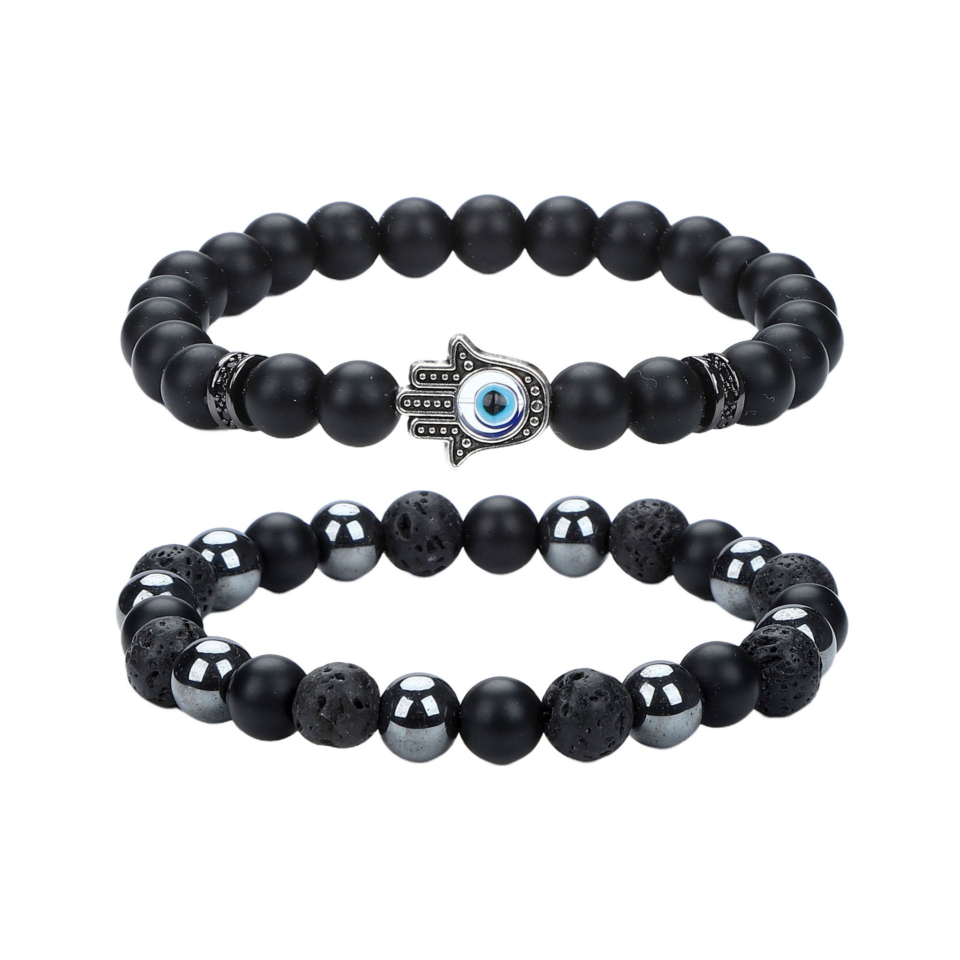 Natural Stone Skull Bracelet For Men In Black, 1 Set
