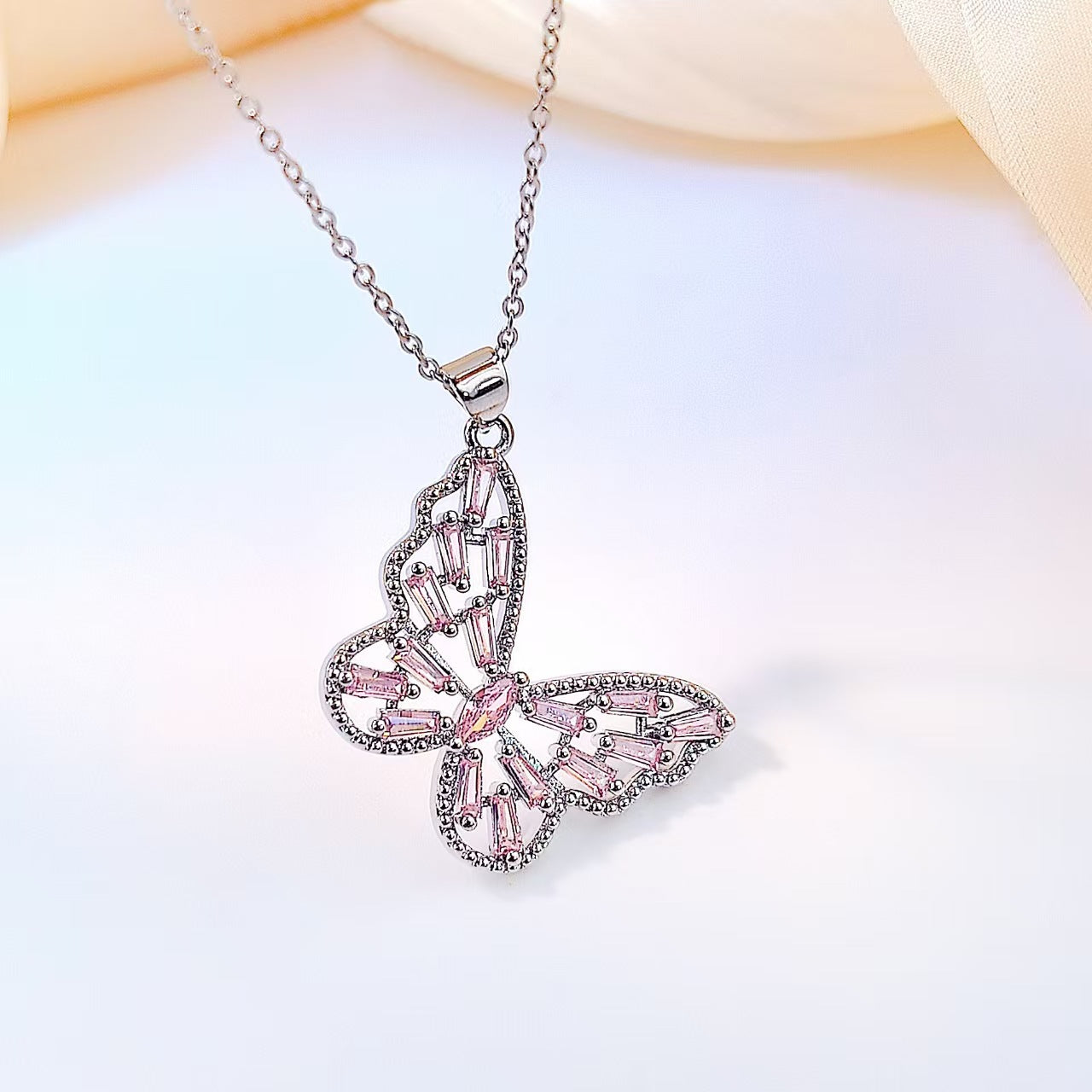 2 Pieces Pink Butterfly Jewelry Set Featuring Zircon Inlay And Copper Material