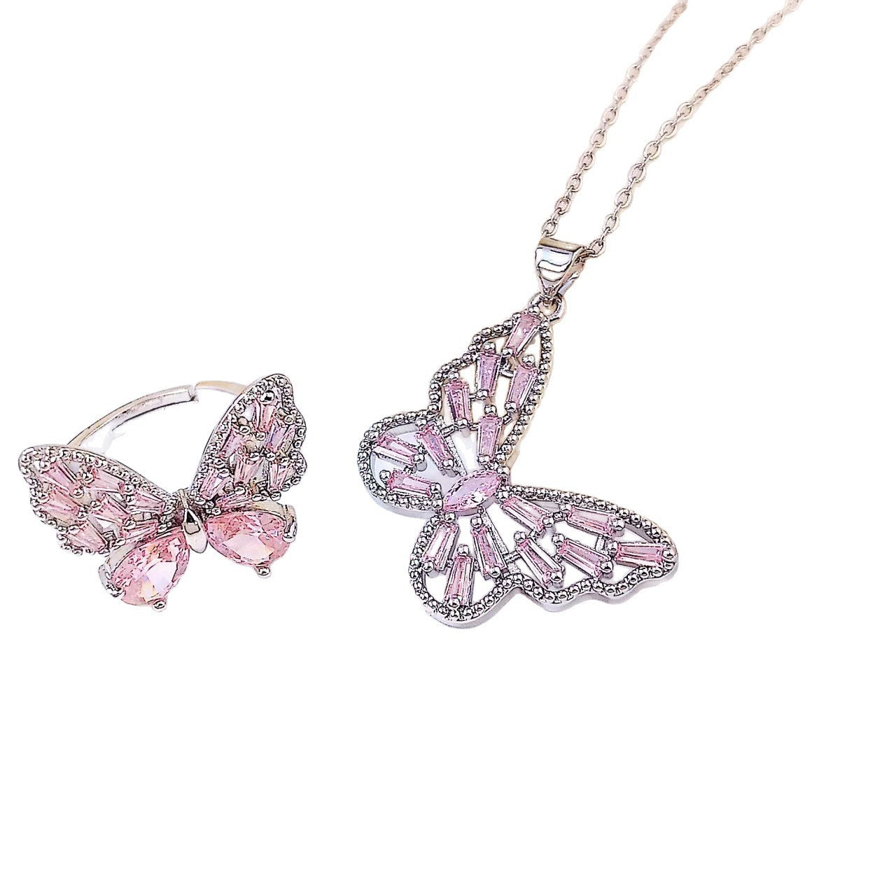 2 Pieces Pink Butterfly Jewelry Set Featuring Zircon Inlay And Copper Material