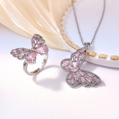 2 Pieces Pink Butterfly Jewelry Set Featuring Zircon Inlay And Copper Material