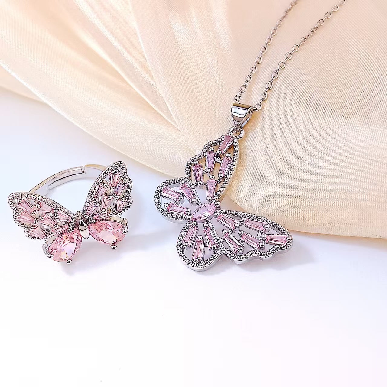 2 Pieces Pink Butterfly Jewelry Set Featuring Zircon Inlay And Copper Material