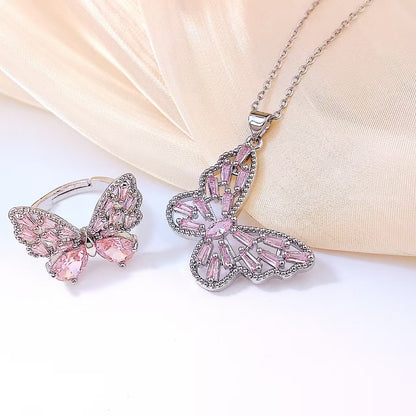 2 Pieces Pink Butterfly Jewelry Set Featuring Zircon Inlay And Copper Material