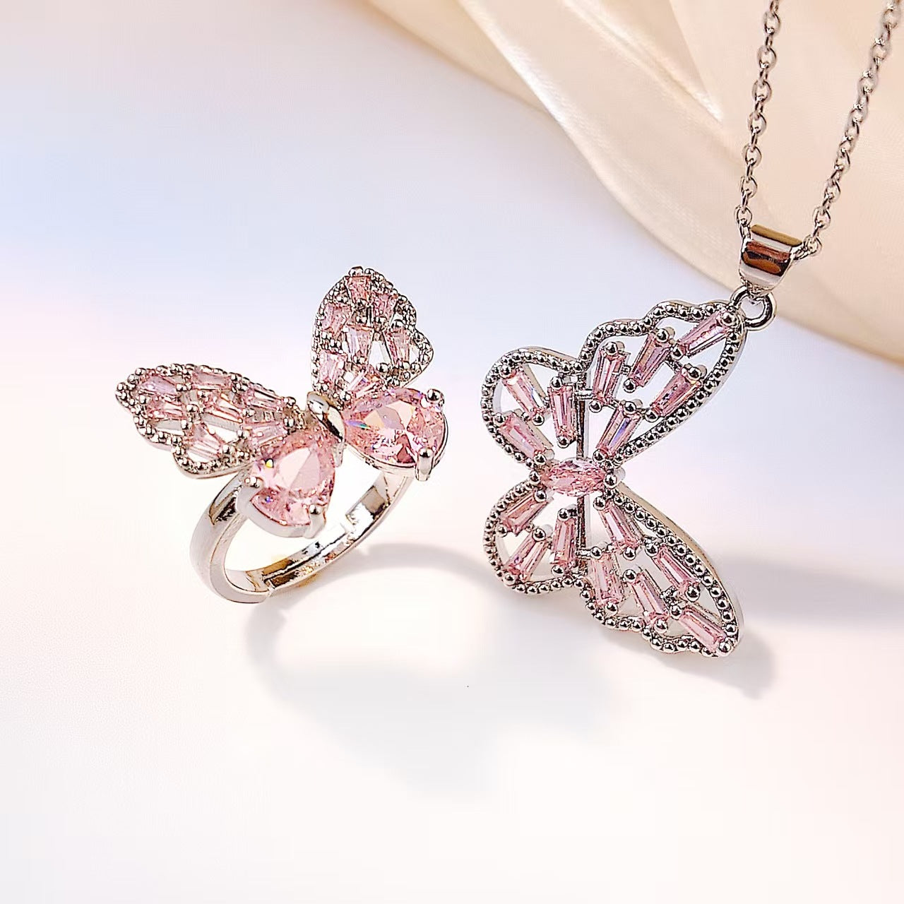 2 Pieces Pink Butterfly Jewelry Set Featuring Zircon Inlay And Copper Material