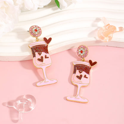 Cute Pink Wine Glass Earrings For Valentine’s Day Featuring Alloy Material