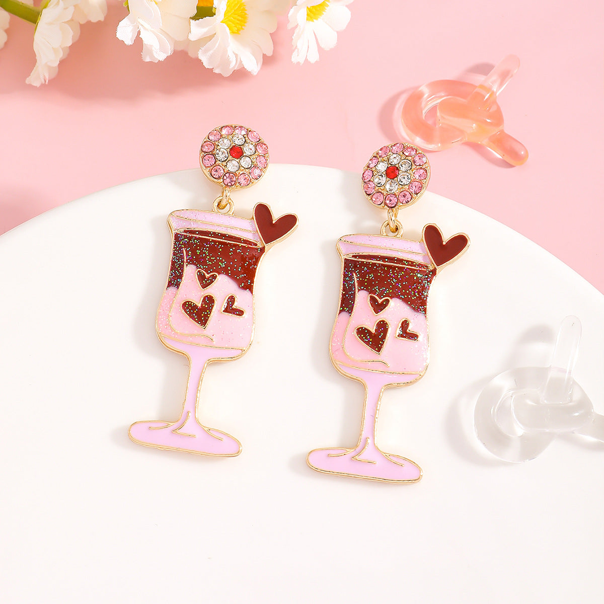 Cute Pink Wine Glass Earrings For Valentine’s Day Featuring Alloy Material