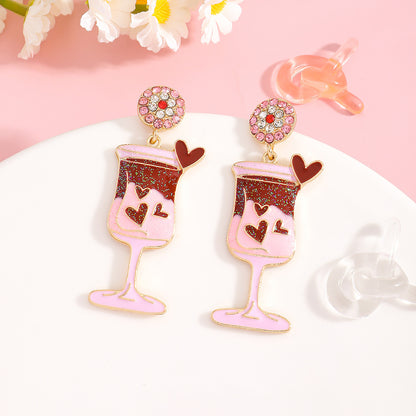 Cute Pink Wine Glass Earrings For Valentine’s Day Featuring Alloy Material