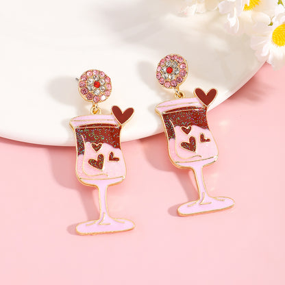 Cute Pink Wine Glass Earrings For Valentine’s Day Featuring Alloy Material