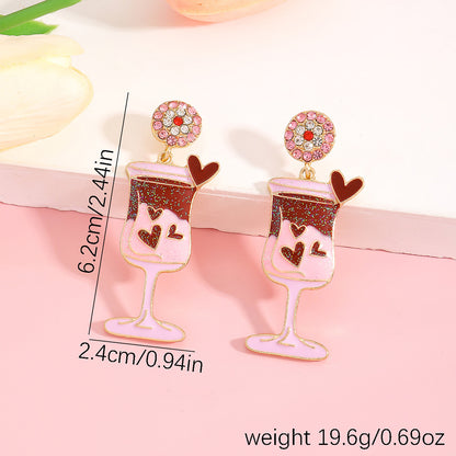 Cute Pink Wine Glass Earrings For Valentine’s Day Featuring Alloy Material