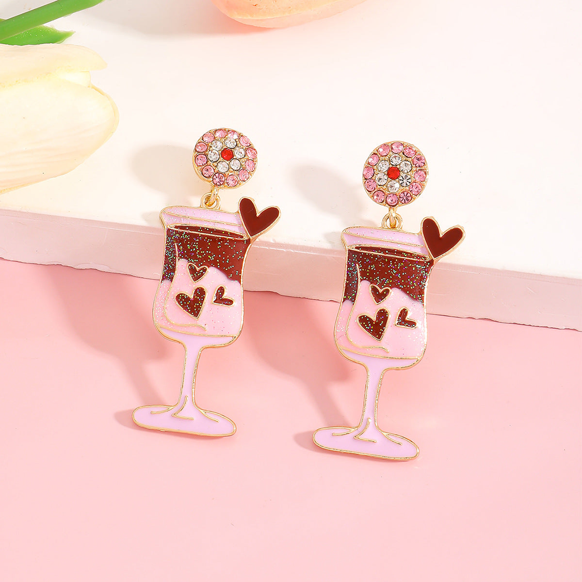Cute Pink Wine Glass Earrings For Valentine’s Day Featuring Alloy Material