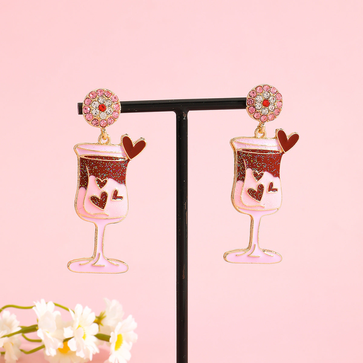 Cute Pink Wine Glass Earrings For Valentine’s Day Featuring Alloy Material