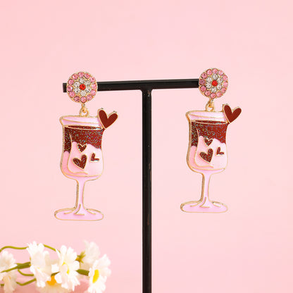 Cute Pink Wine Glass Earrings For Valentine’s Day Featuring Alloy Material