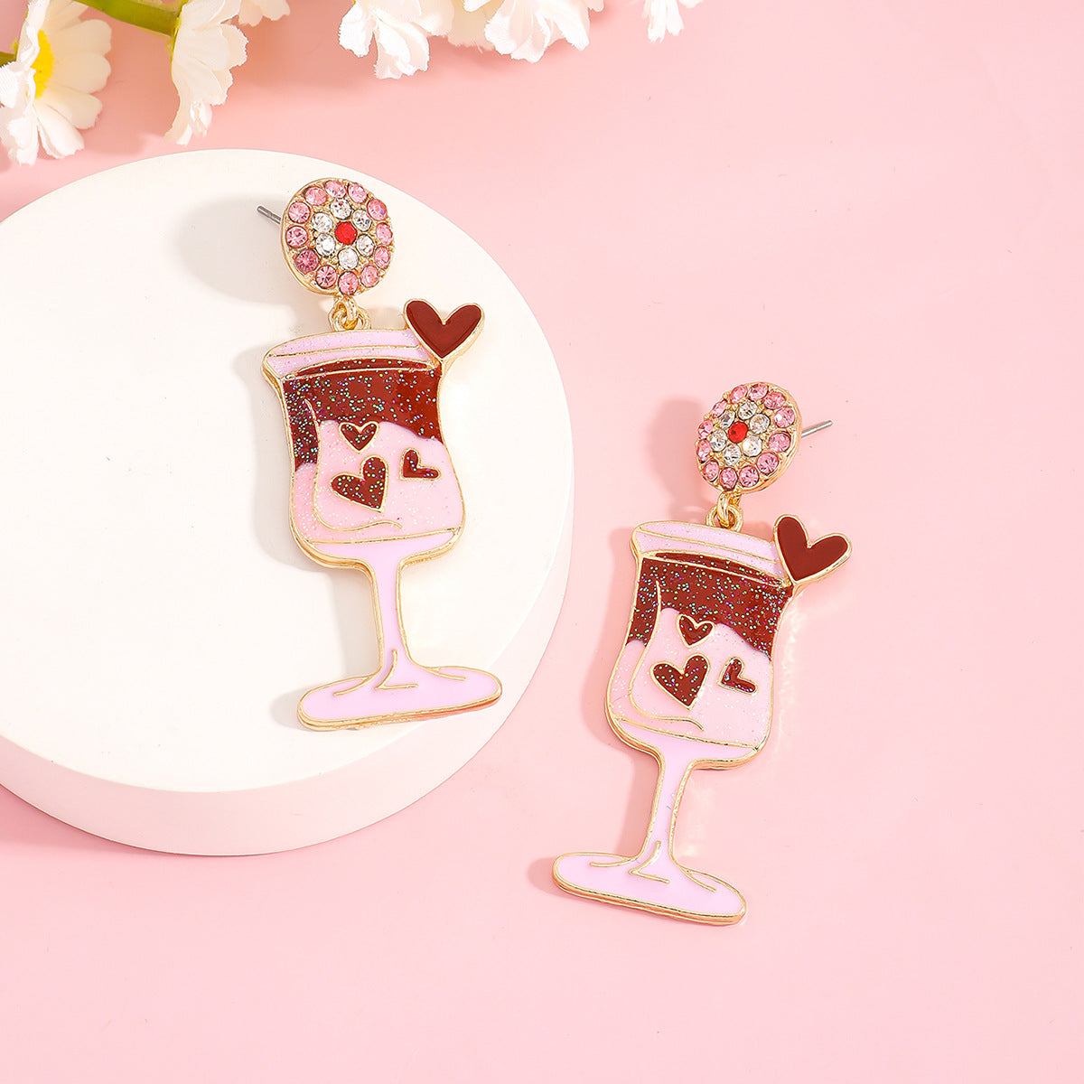 Cute Pink Wine Glass Earrings For Valentine’s Day Featuring Alloy Material