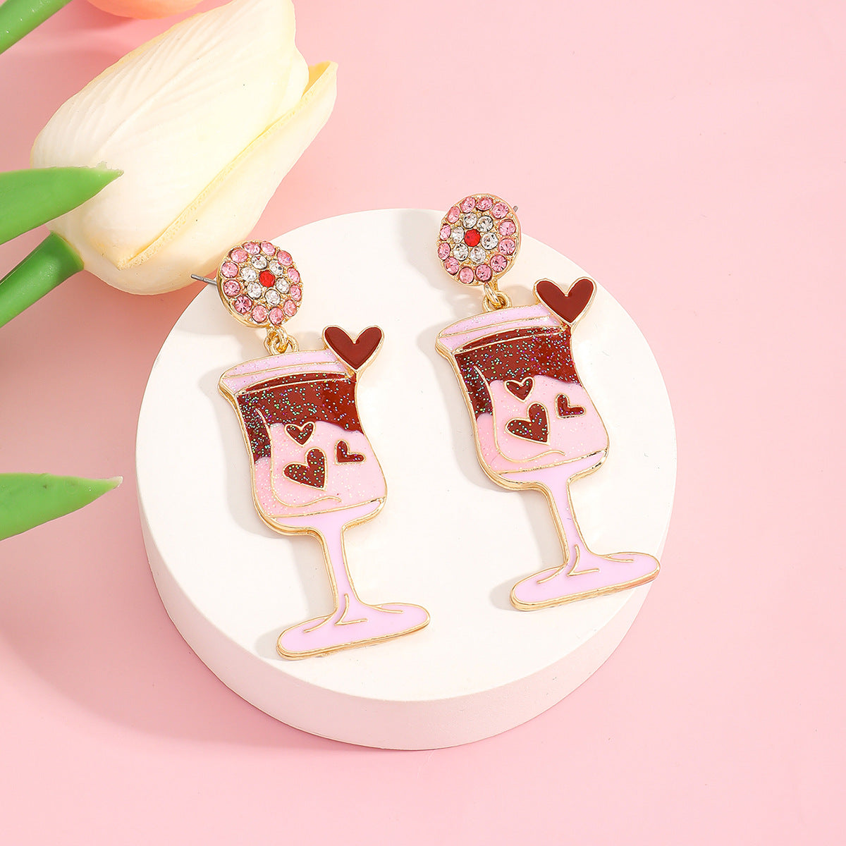 Cute Pink Wine Glass Earrings For Valentine’s Day Featuring Alloy Material