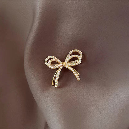 Pearl Bow Knot Brooch In Golden, Elegant Pearl Accent Chest Jewelry