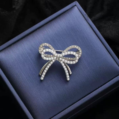 Pearl Bow Knot Brooch In Golden, Elegant Pearl Accent Chest Jewelry