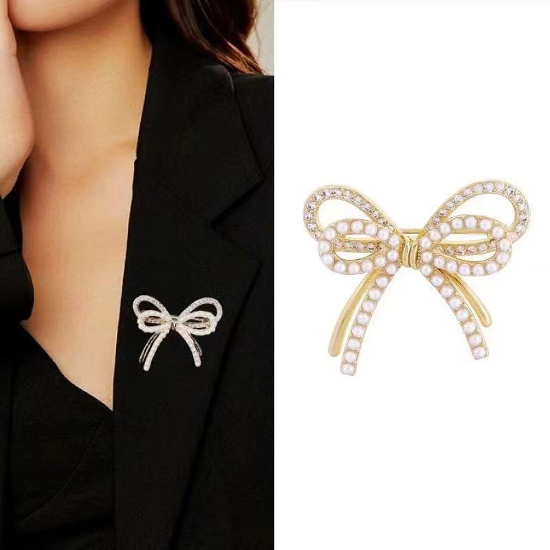 Pearl Bow Knot Brooch In Golden, Elegant Pearl Accent Chest Jewelry