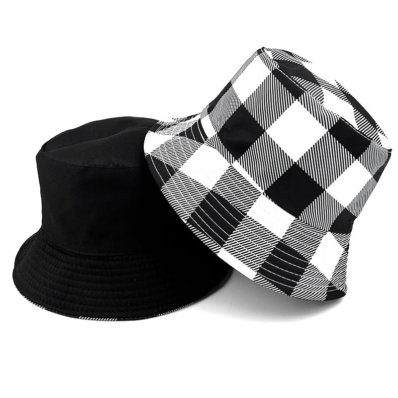 Plaid Bucket Hat With Ruffles Brim In Black & White, Cotton Material, Perfect For Summer Adults