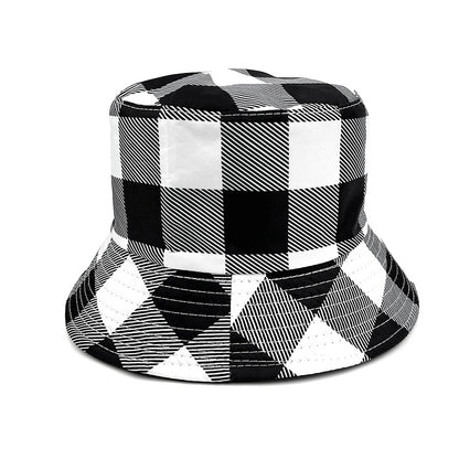 Plaid Bucket Hat With Ruffles Brim In Black & White, Cotton Material, Perfect For Summer Adults