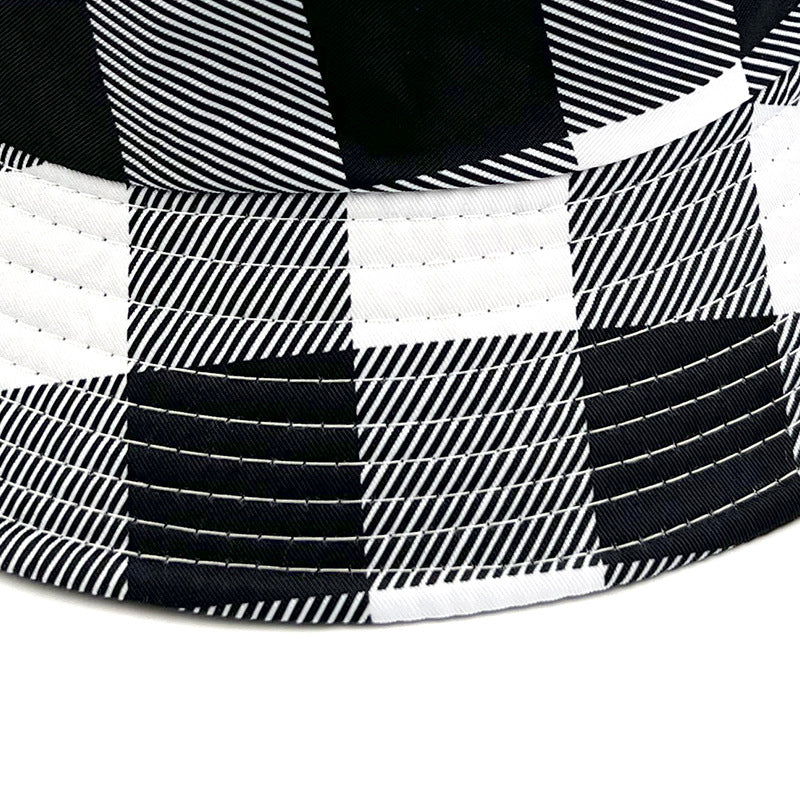 Plaid Bucket Hat With Ruffles Brim In Black & White, Cotton Material, Perfect For Summer Adults