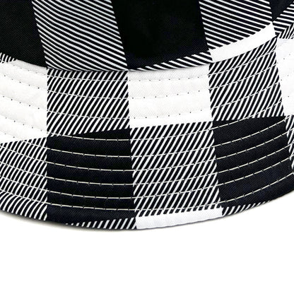 Plaid Bucket Hat With Ruffles Brim In Black & White, Cotton Material, Perfect For Summer Adults