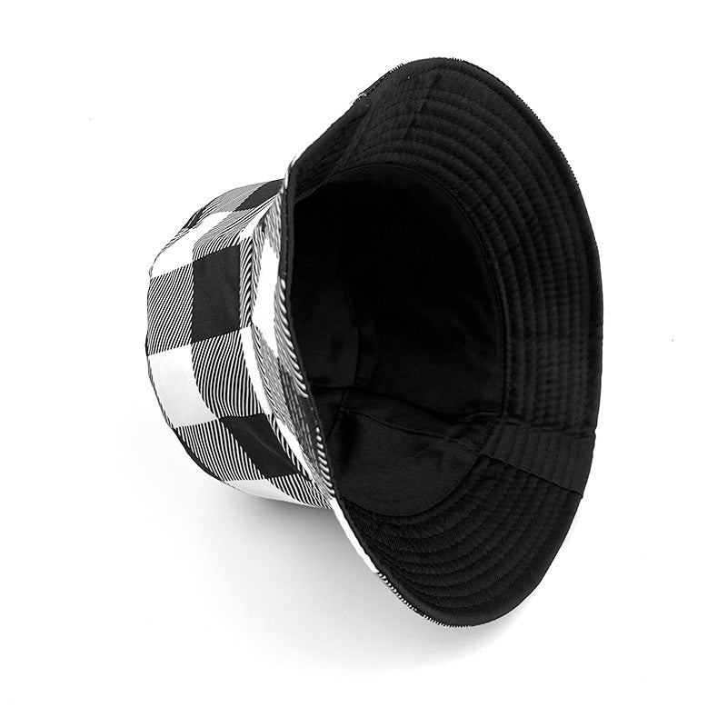 Plaid Bucket Hat With Ruffles Brim In Black & White, Cotton Material, Perfect For Summer Adults
