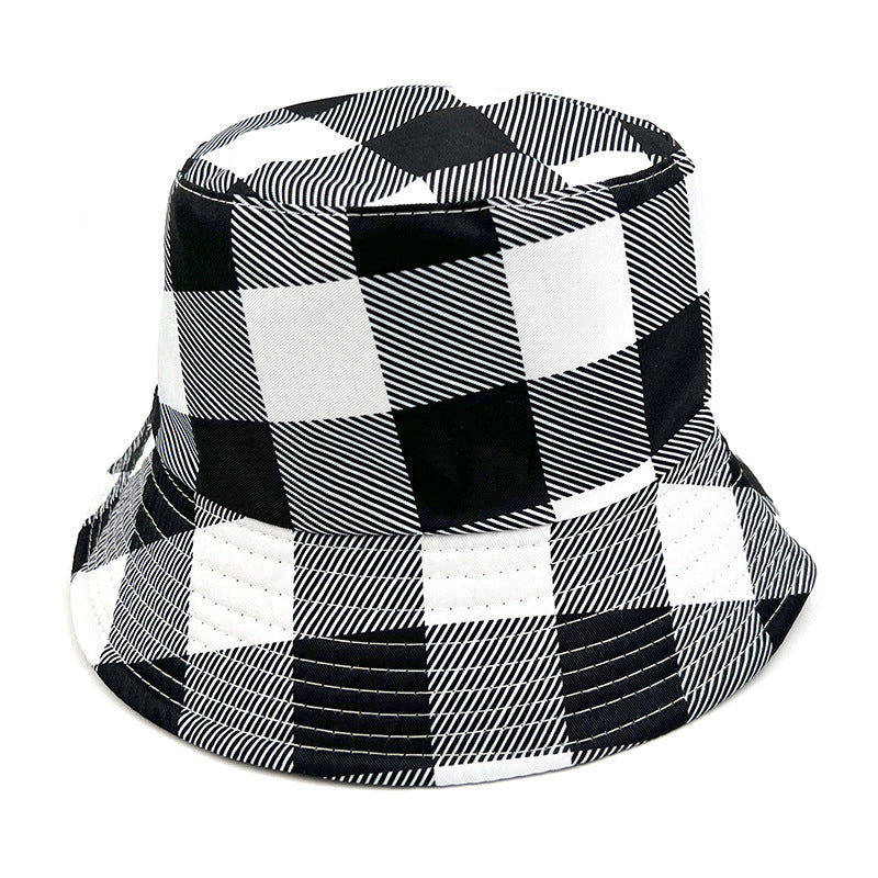 Plaid Bucket Hat With Ruffles Brim In Black & White, Cotton Material, Perfect For Summer Adults
