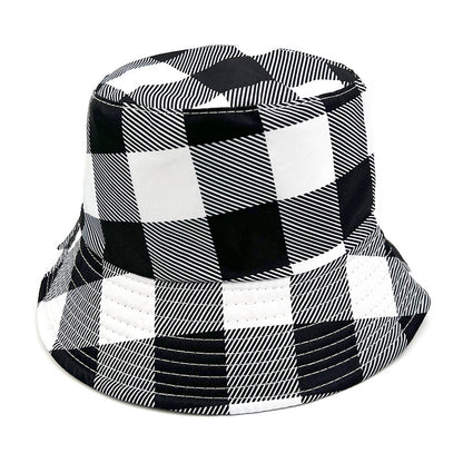 Plaid Bucket Hat With Ruffles Brim In Black & White, Cotton Material, Perfect For Summer Adults