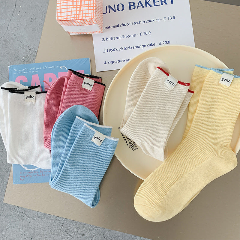 Color Block New Style Sweet Socks In White Featuring Breathable Cotton Fabric