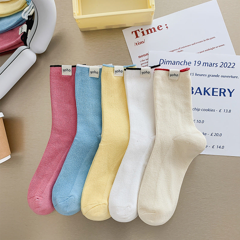 Color Block New Style Sweet Socks In White Featuring Breathable Cotton Fabric