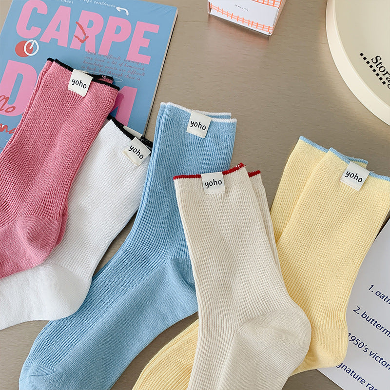 Color Block New Style Sweet Socks In White Featuring Breathable Cotton Fabric