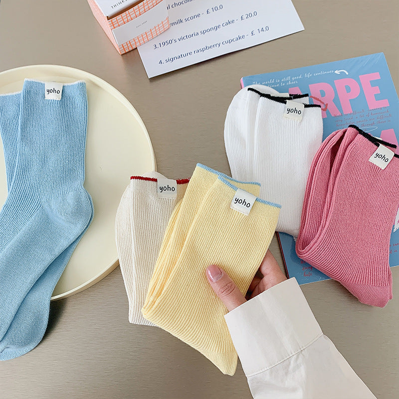 Color Block New Style Sweet Socks In White Featuring Breathable Cotton Fabric