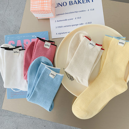 Color Block New Style Sweet Socks In White Featuring Breathable Cotton Fabric