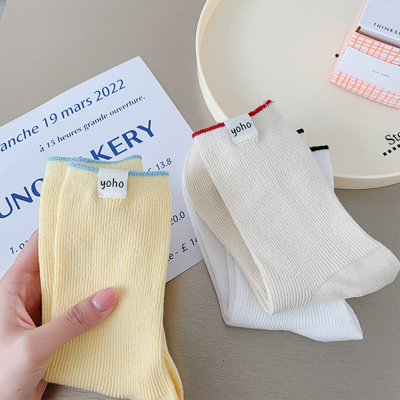 Color Block New Style Sweet Socks In White Featuring Breathable Cotton Fabric