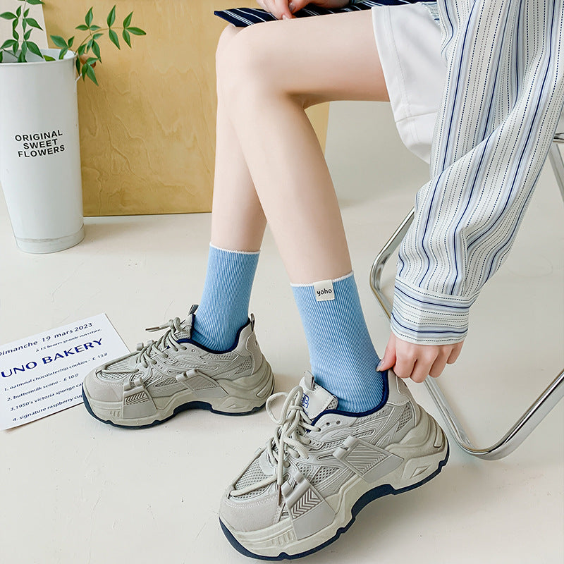 Color Block New Style Sweet Socks In White Featuring Breathable Cotton Fabric