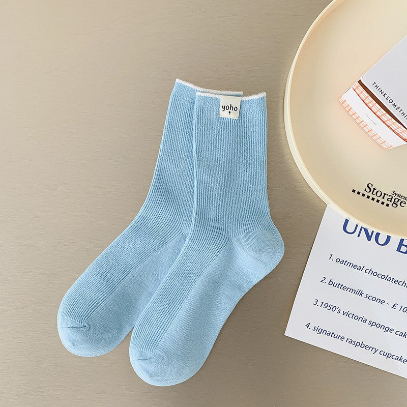 Color Block New Style Sweet Socks In White Featuring Breathable Cotton Fabric