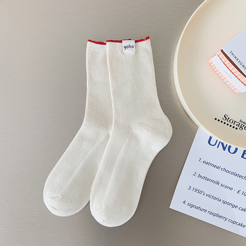 Color Block New Style Sweet Socks In White Featuring Breathable Cotton Fabric