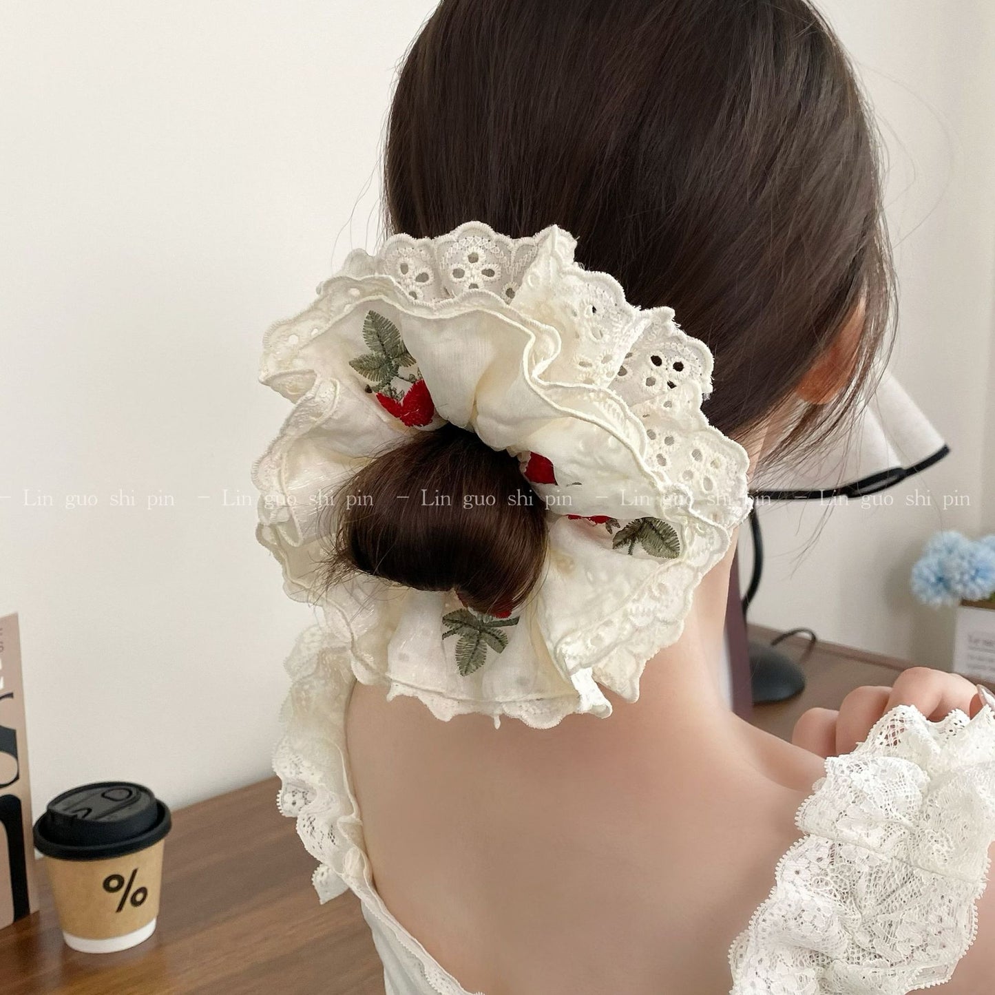 Cherry Pattern Lace Embroidery Hair Tie In Cloth Material Featuring New Style Sweet Design