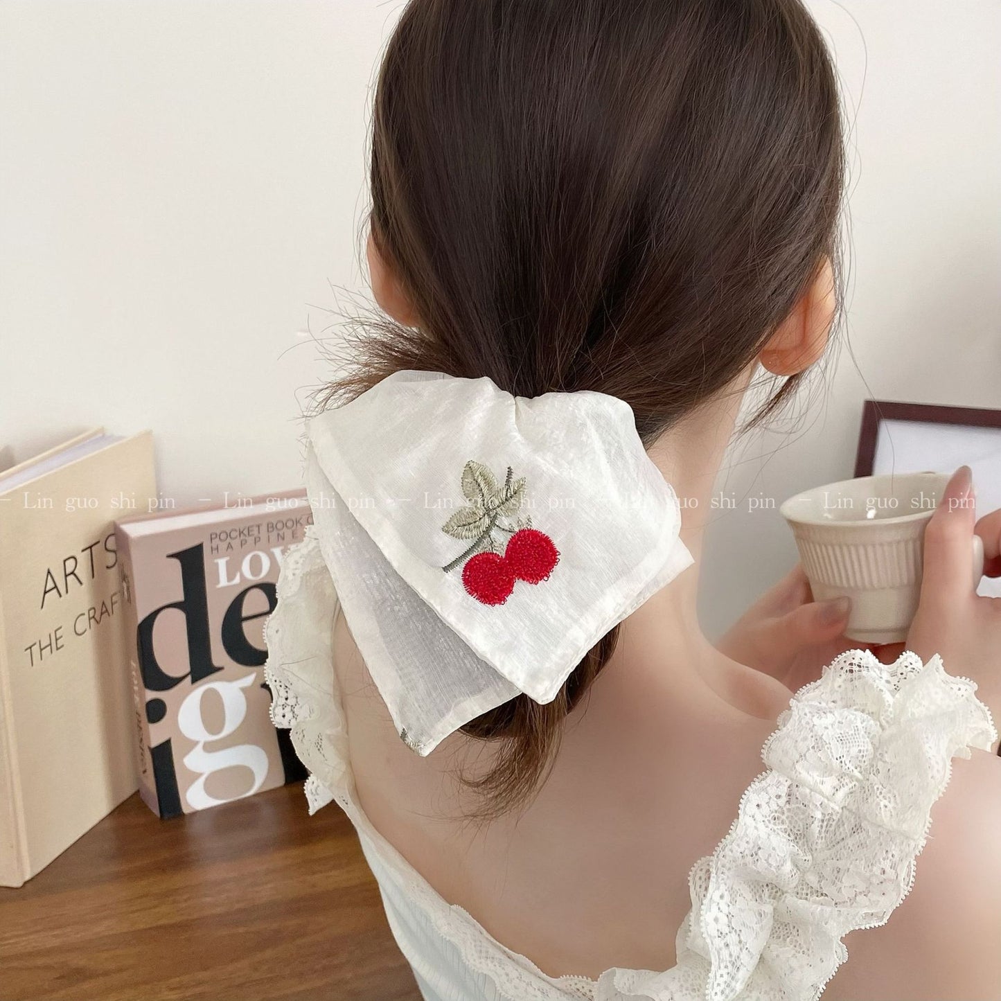 Cherry Pattern Lace Embroidery Hair Tie In Cloth Material Featuring New Style Sweet Design