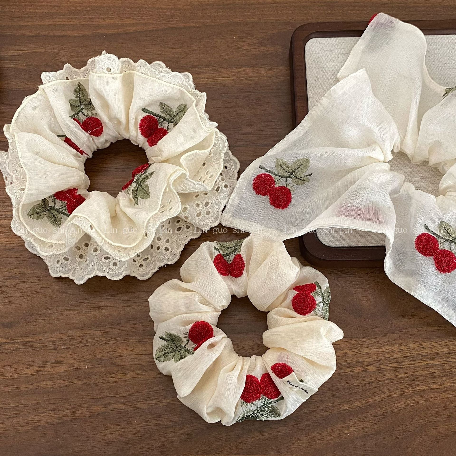 Cherry Pattern Lace Embroidery Hair Tie In Cloth Material Featuring New Style Sweet Design