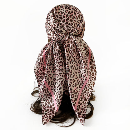 Leopard Pattern Satin Silk Scarf In Pink Featuring Elegant Design